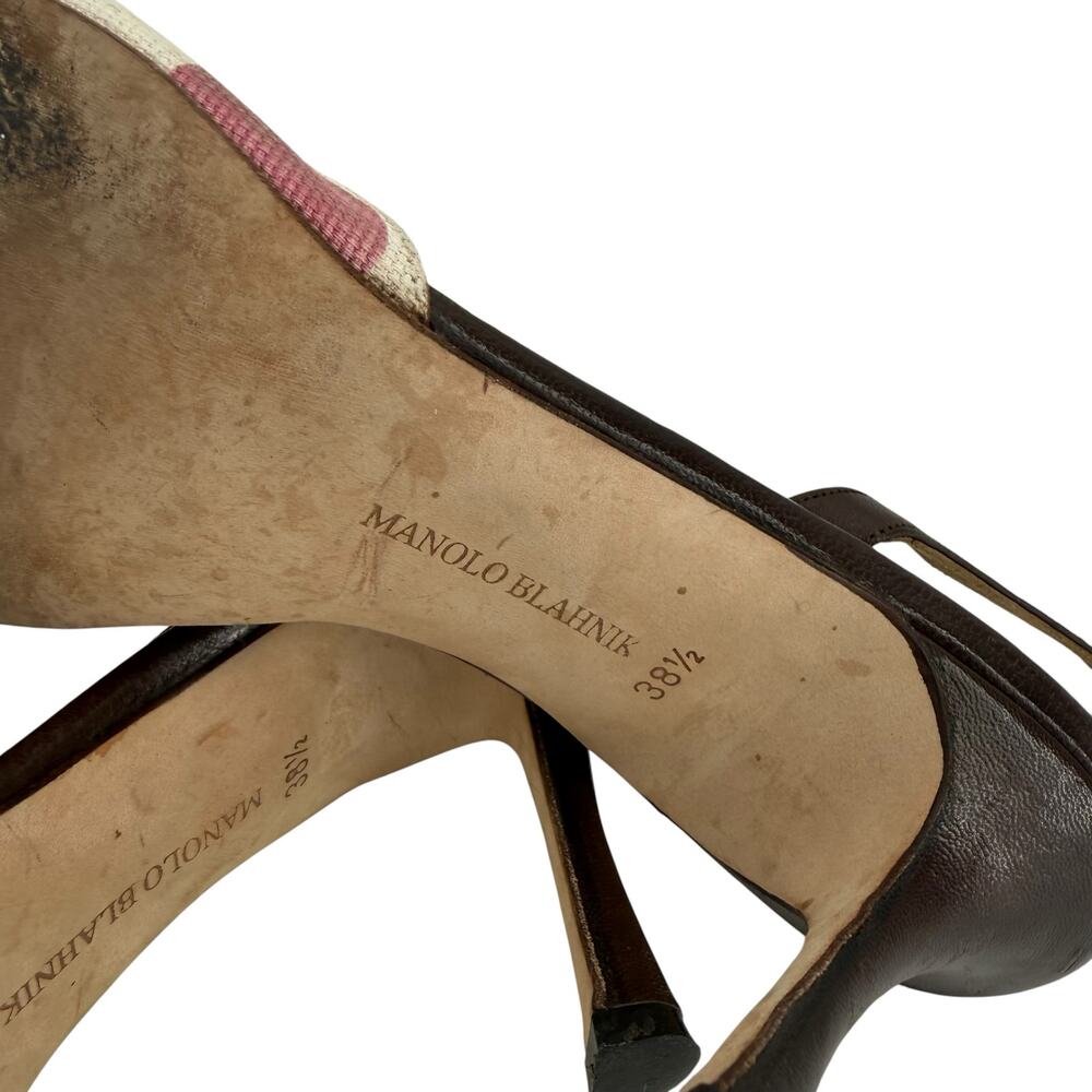 Vintage Manolo Blahnik Polka Dot Slingback Heels Canvas Brown Pink 38.5 Pinup - Picture 8 of 13